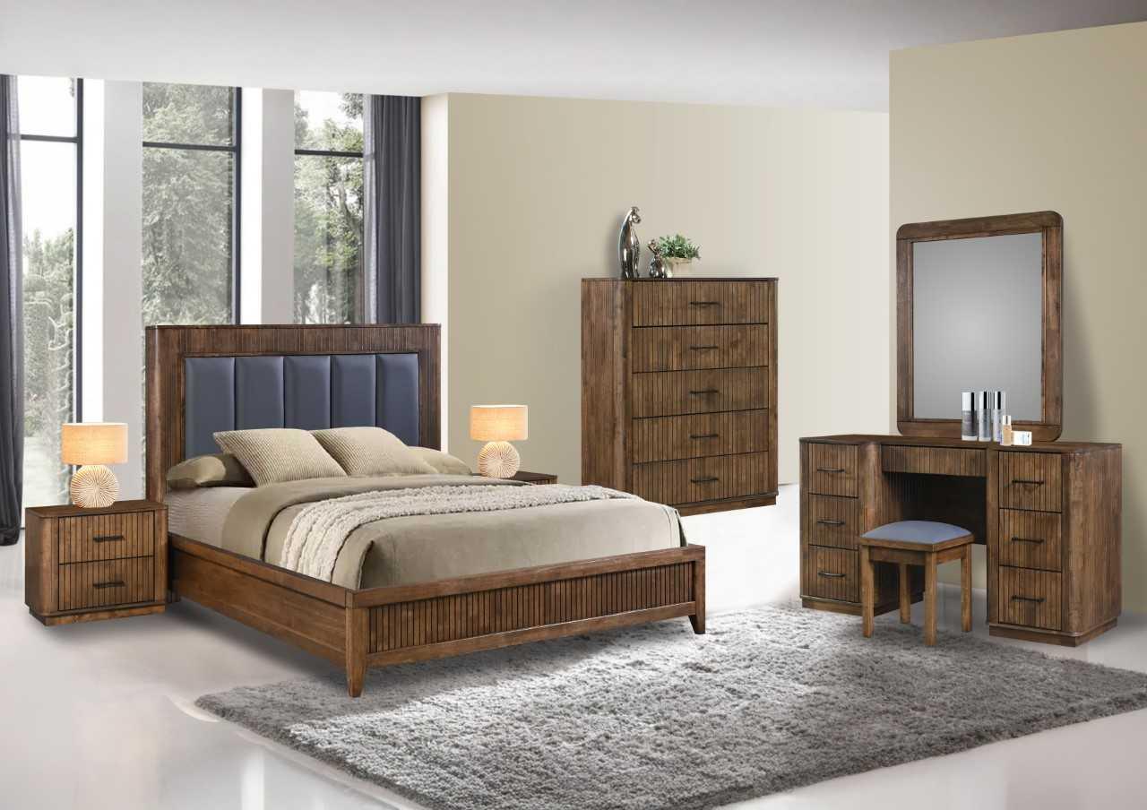 Wood bedroom furniture set with double bed, two nightstands, chest of drawers, and dressing table