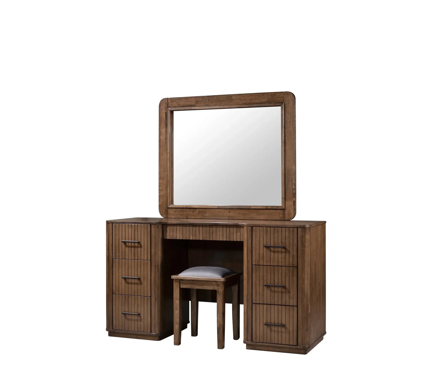 Wooden dressing table with large mirror, six drawers and matching cushioned stool