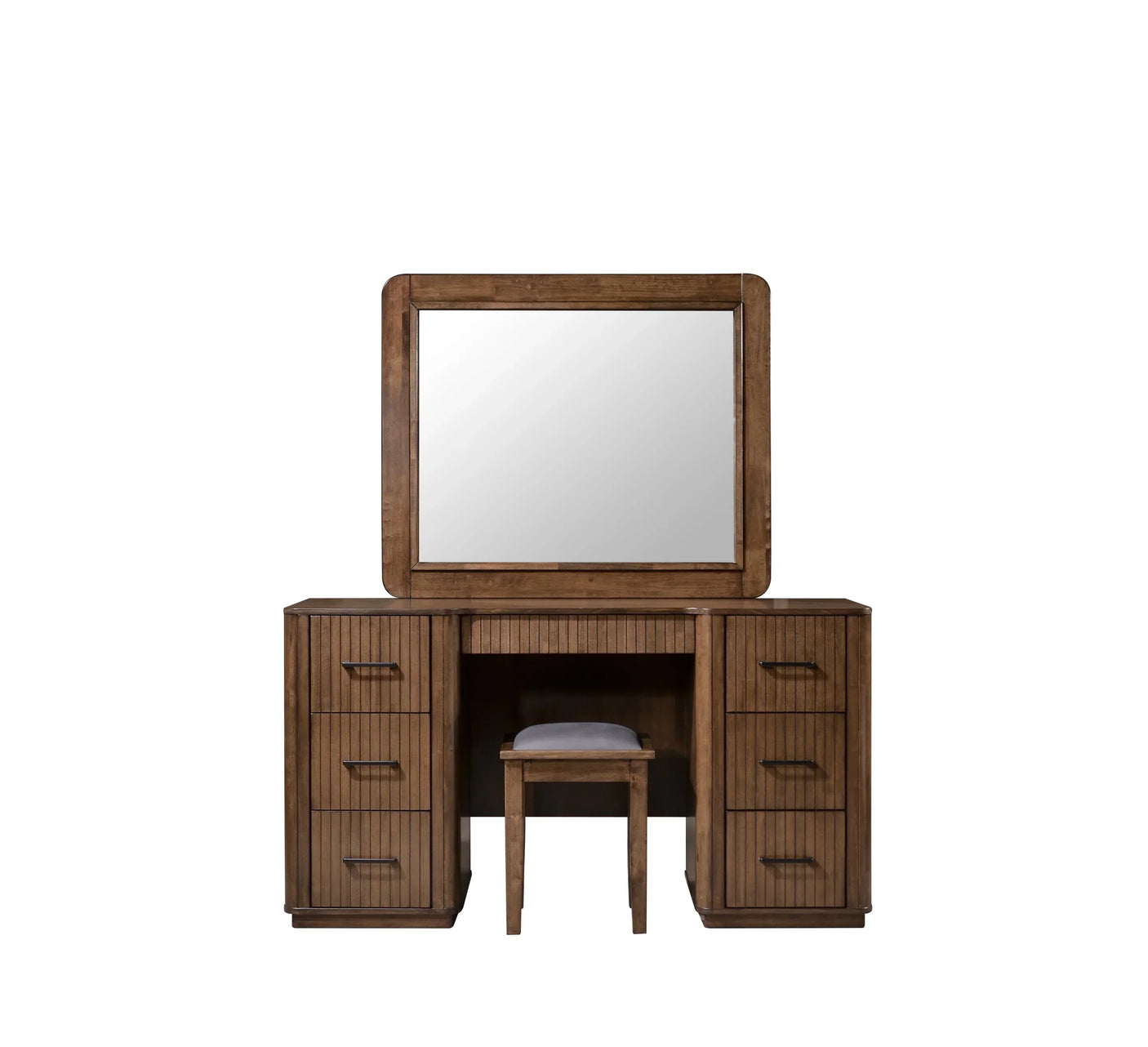 Wooden dressing table with six drawers, square mirror, and matching stool