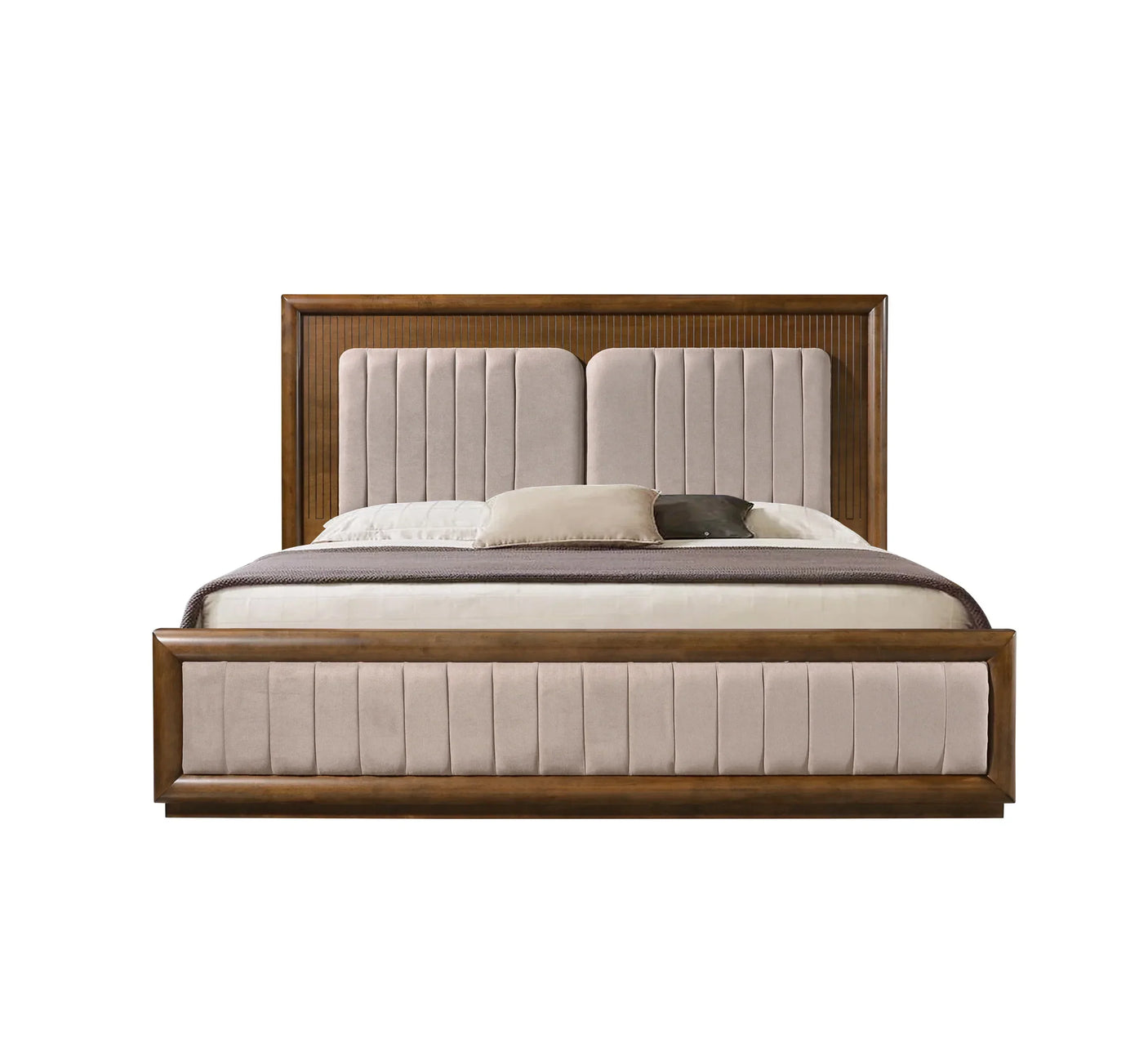 Beige upholstered bed frame with wooden trim and vertical panel headboard, front view