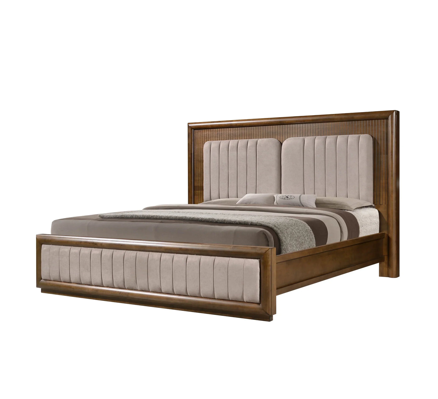 Wooden bed frame with beige upholstered headboard and footboard, bedding in neutral tones