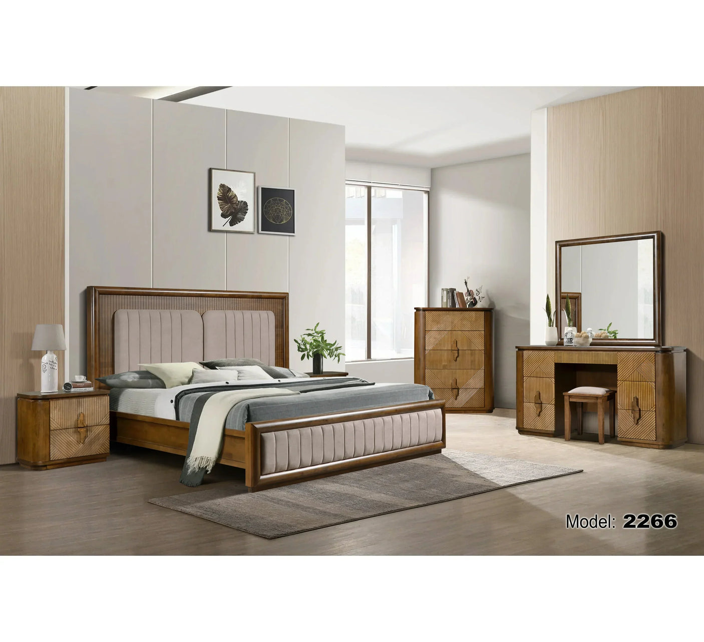 Modern bedroom furniture set with upholstered bed, wooden nightstand, dresser, and vanity table