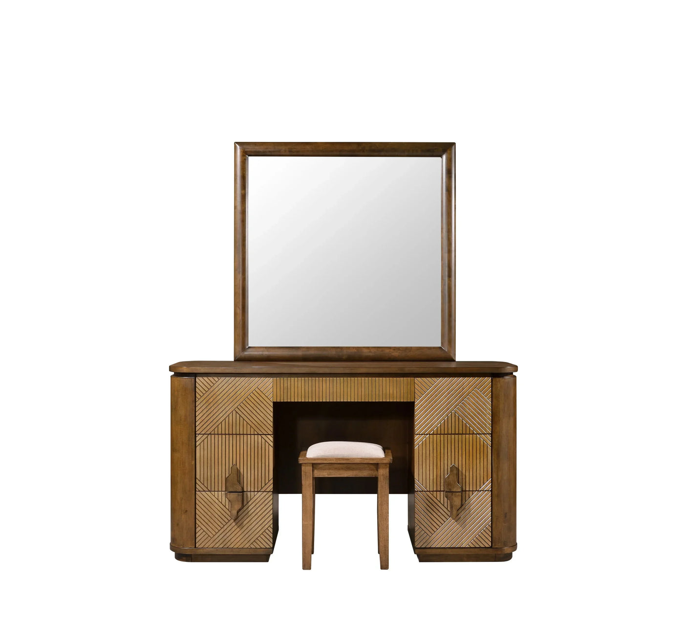 Wooden dressing table with large mirror, geometric design doors, and padded stool