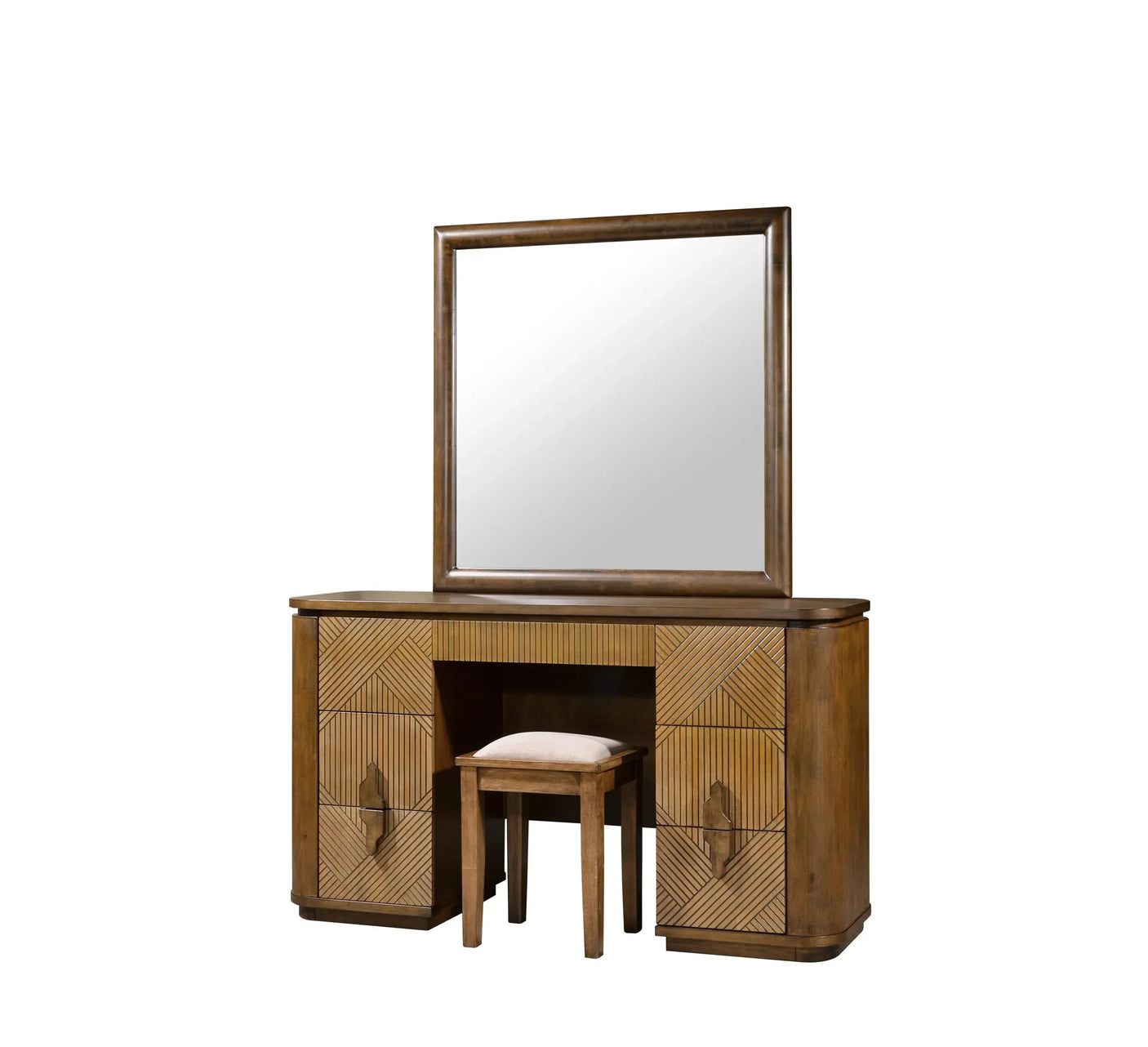 Wooden dressing table with large mirror, geometric drawer fronts, and cushioned stool