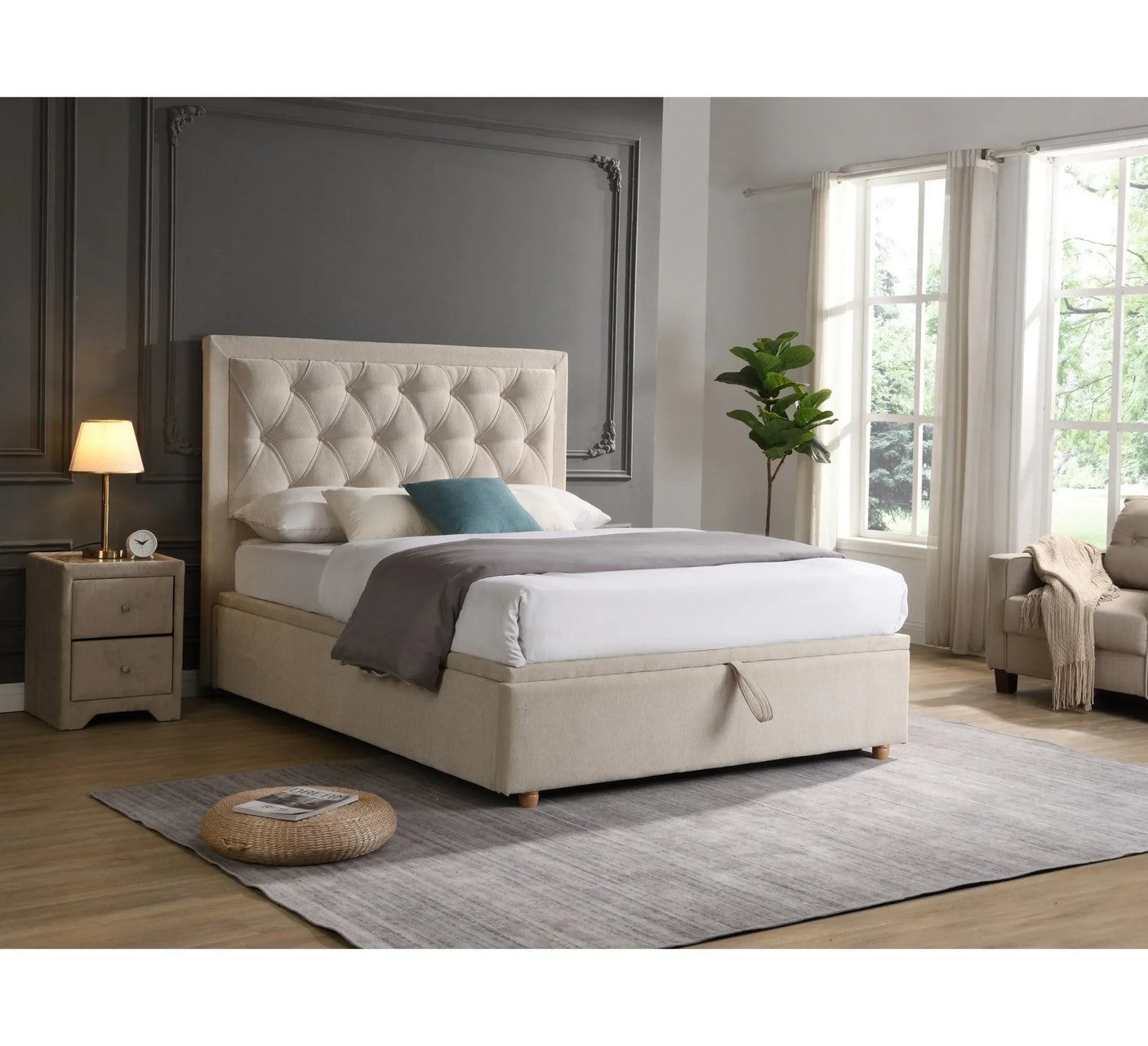 Beige upholstered ottoman bed with buttoned headboard in modern bedroom setting