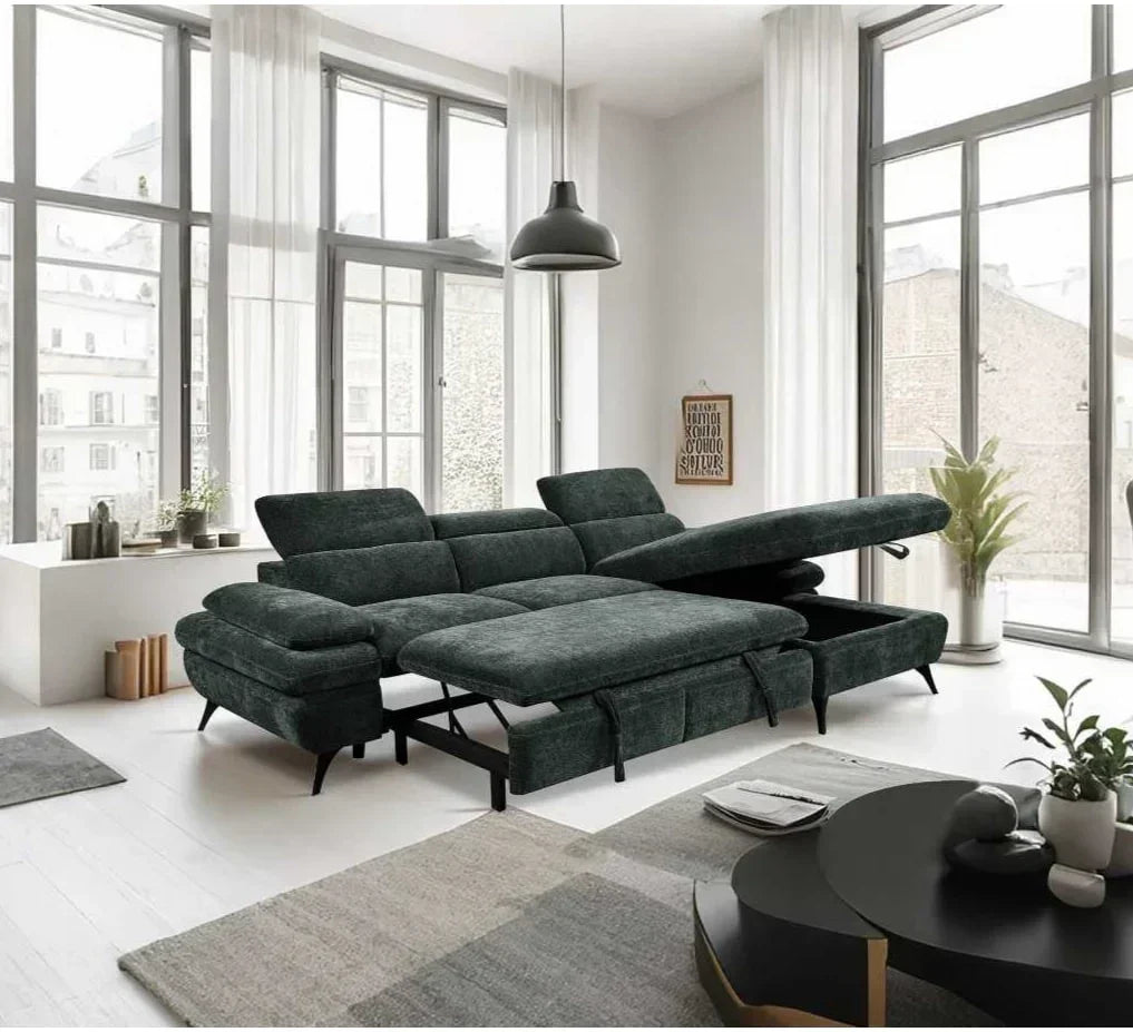 Dark grey fabric corner sofa bed with storage chaise in modern living room