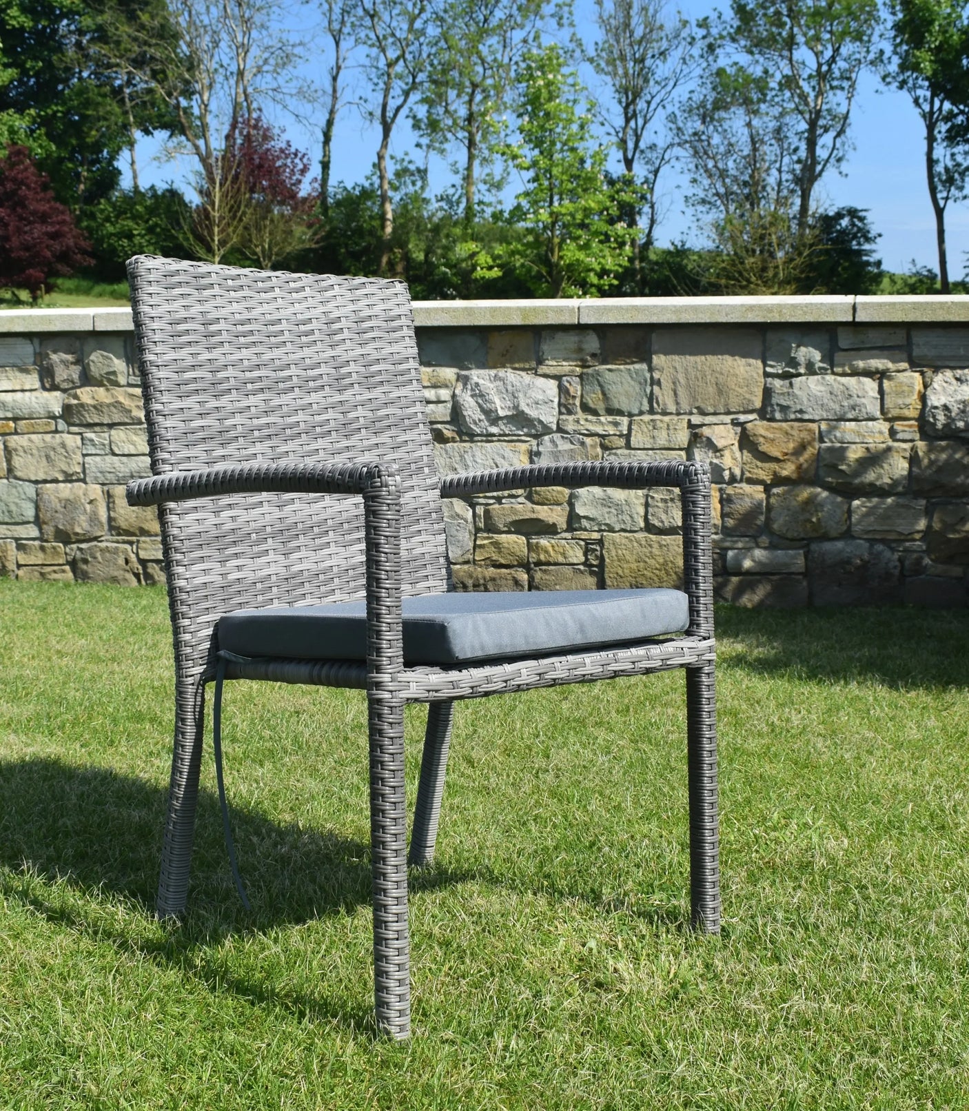 Grey rattan garden dining chair with armrests and seat cushion on lawn