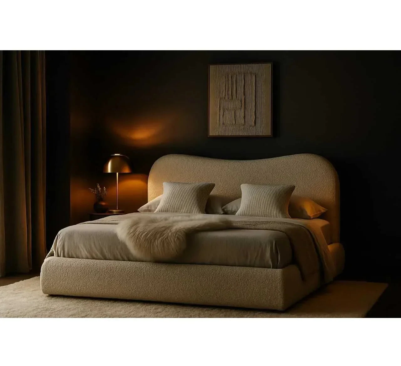 Beige upholstered bed with curved headboard, two pillows, and cosy bedding in dark bedroom
