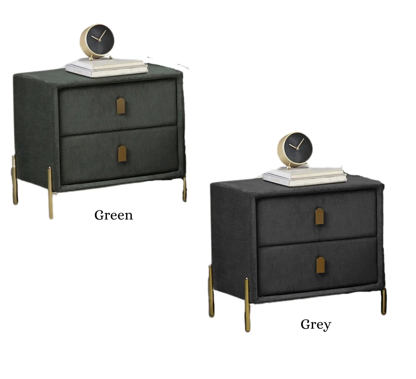 Green and grey bedside tables with gold legs, two drawers, and tabletop clock