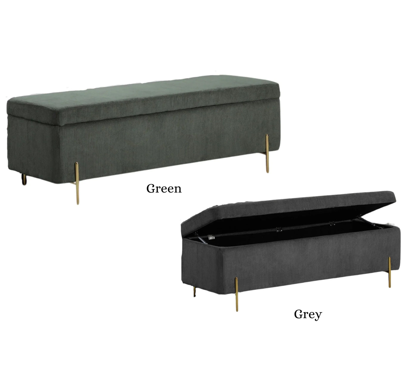 Green fabric storage bench with gold legs, grey ottoman bench open to show interior storage