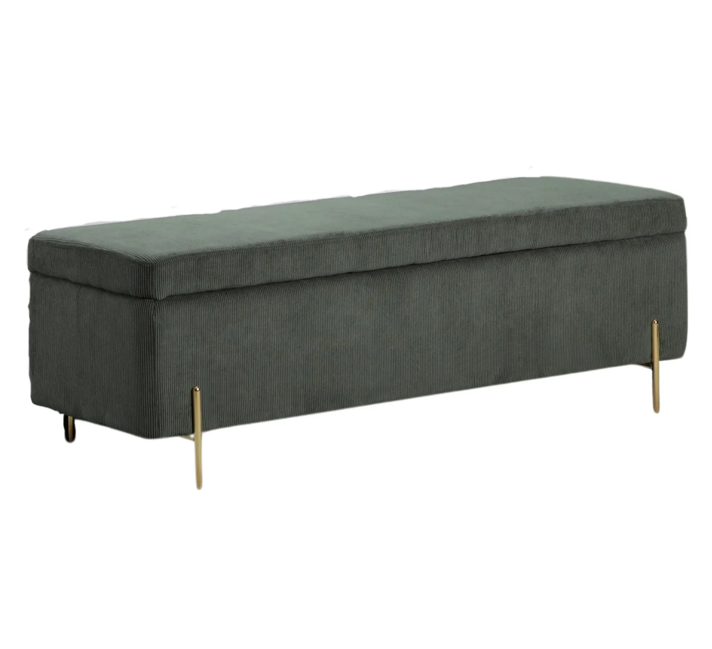 Grey upholstered ottoman bench with gold metal legs on white background