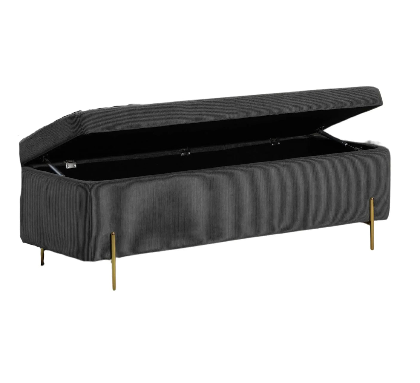 Grey upholstered storage bench with open lid and gold metal legs