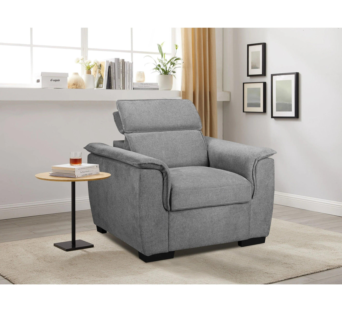 Grey fabric armchair with adjustable headrest in modern living room on beige rug