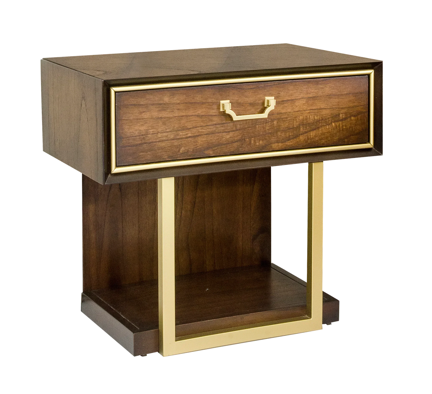 Walnut bedside table with gold trim, single drawer and open shelf, front angle view