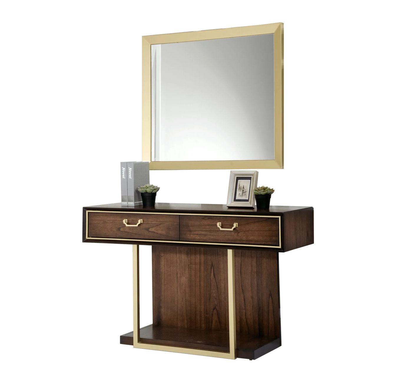 Walnut console table with gold trim, two drawers, matching large mirror, and decor accents