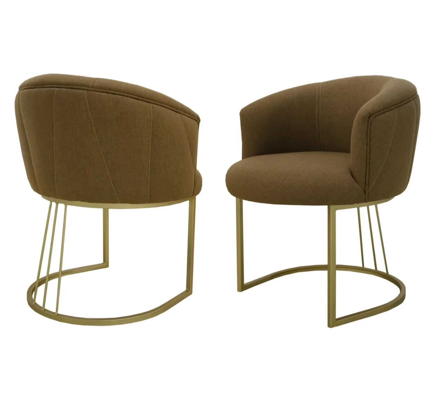Brown fabric accent chairs with curved metal frames and rounded seats, front and rear view