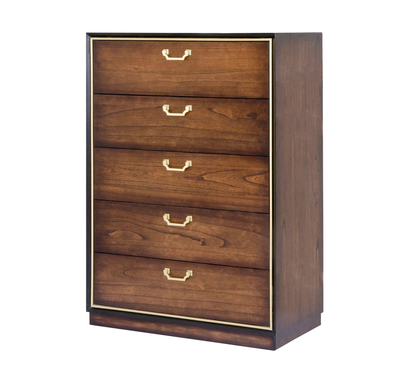 Walnut chest of drawers with gold handles and trim, five drawers, front view