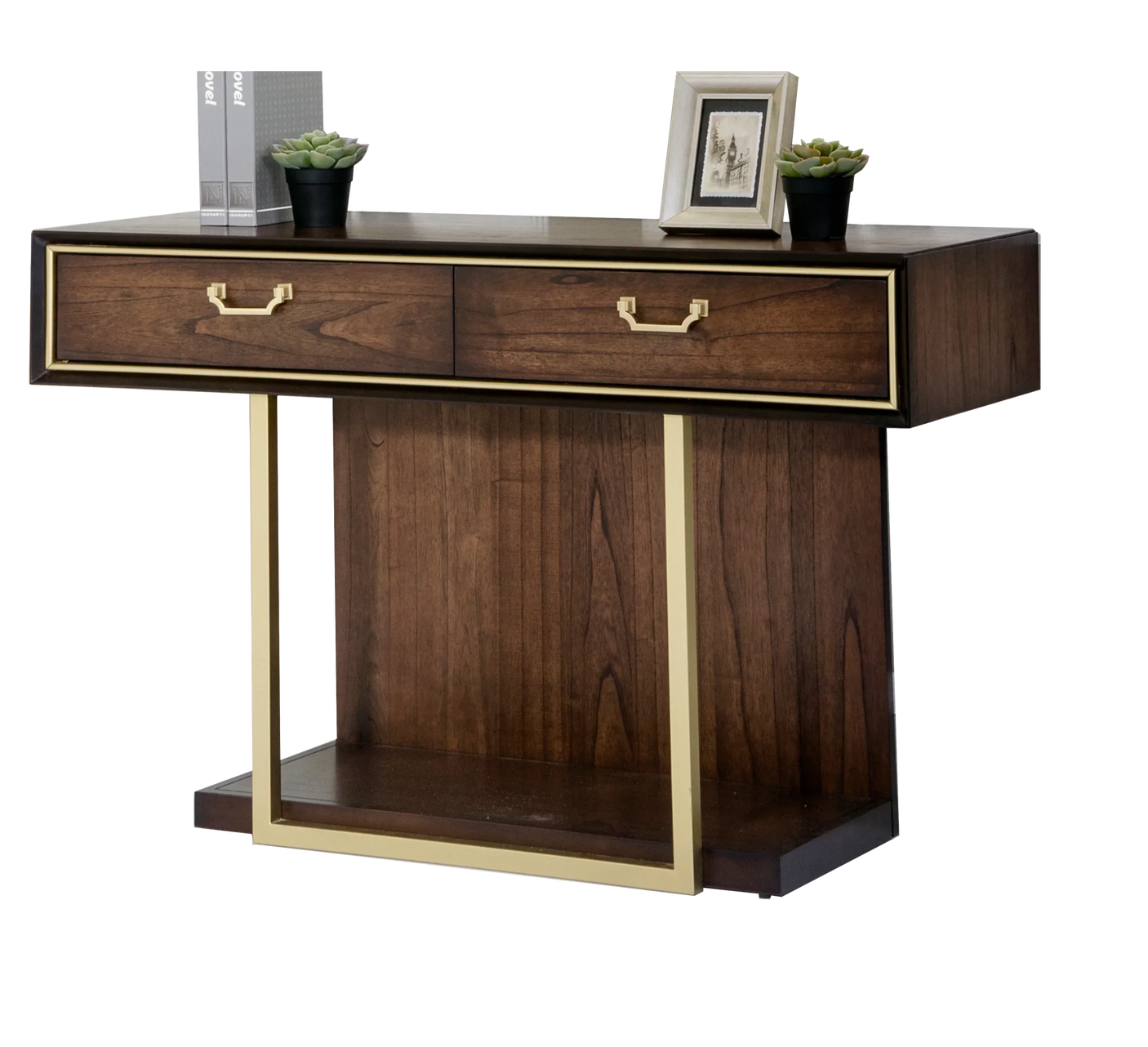 Walnut console table with gold trim, two drawers, and decor accents on top