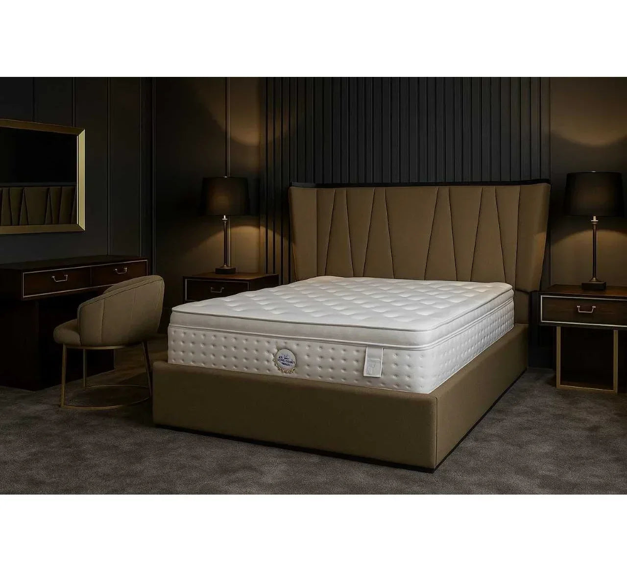Upholstered bed frame with tall headboard and white mattress in modern bedroom