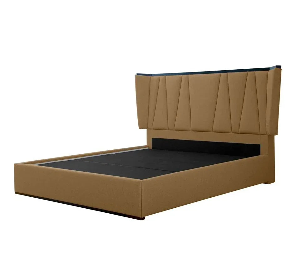 Tan upholstered bed frame with geometric panel headboard, shown from front angle