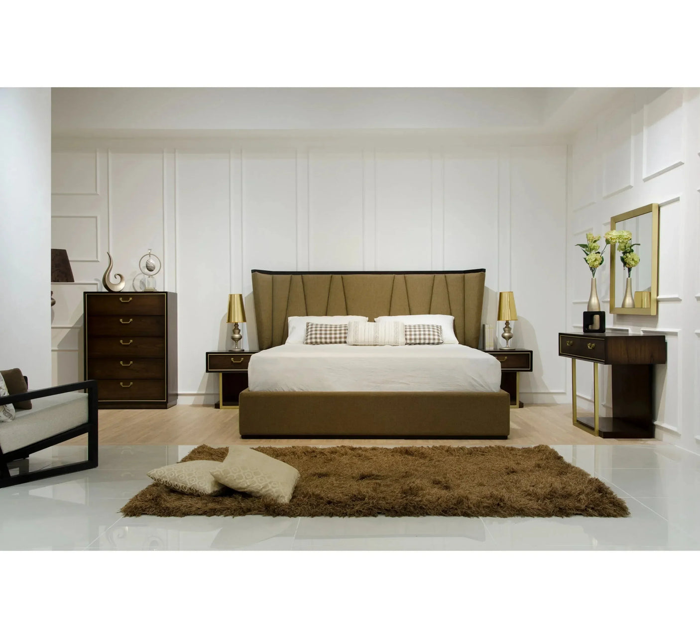 Modern double bed with brown upholstered headboard, nightstands, and chest of drawers
