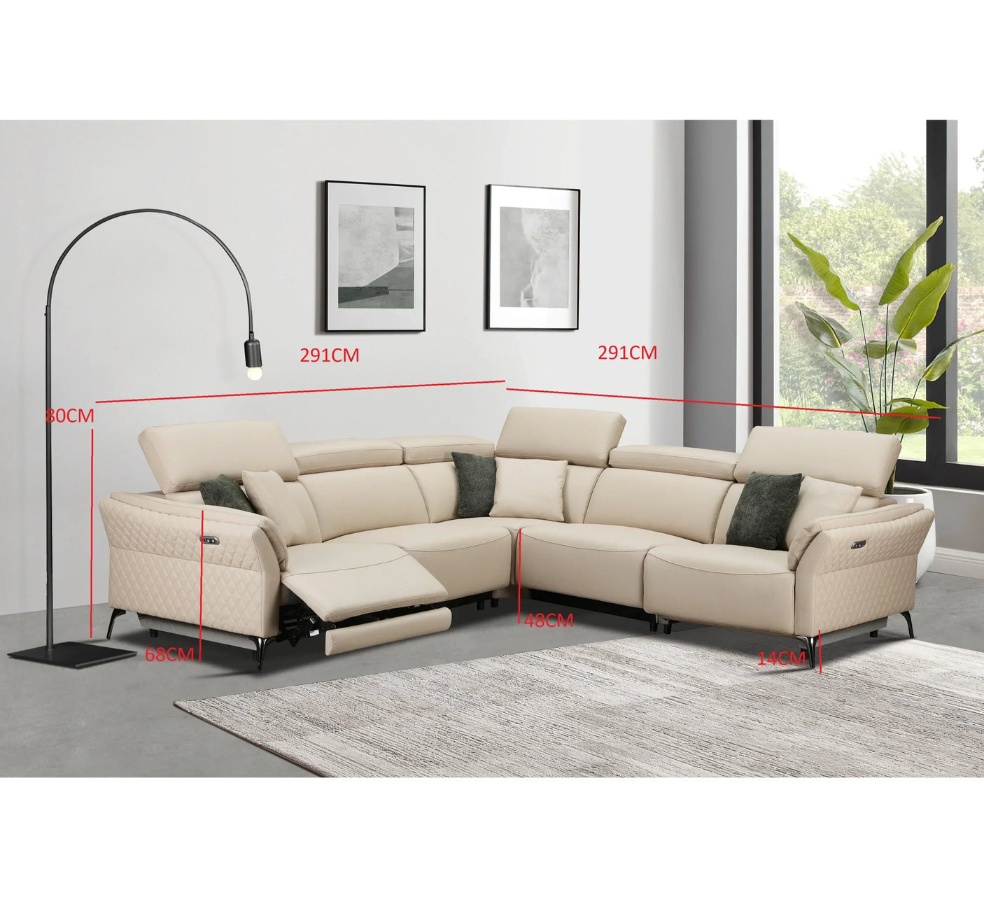 Beige corner sofa with recliner, green cushions, and measurements shown in modern living room