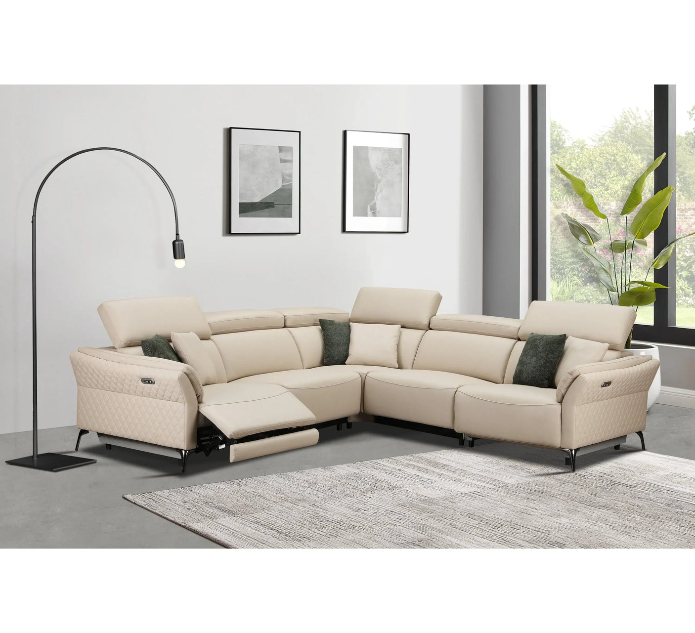 Beige corner recliner sofa with quilted armrests and green cushions in modern living room