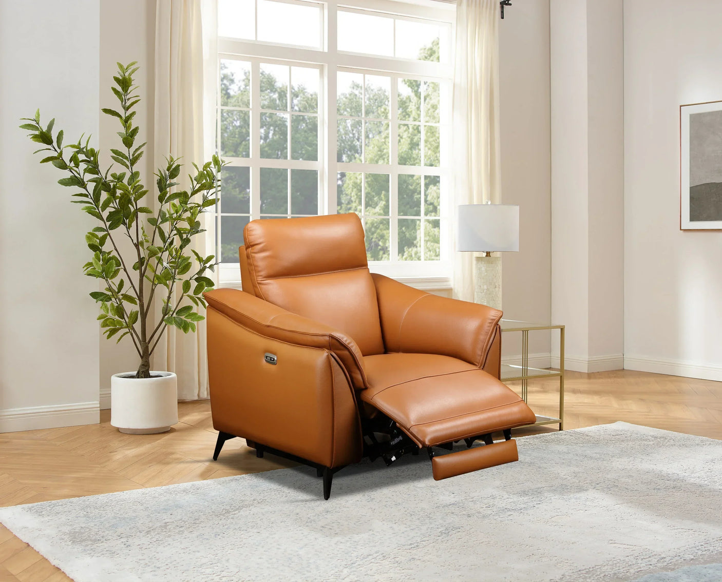Brown leather recliner chair with footrest extended in modern living room