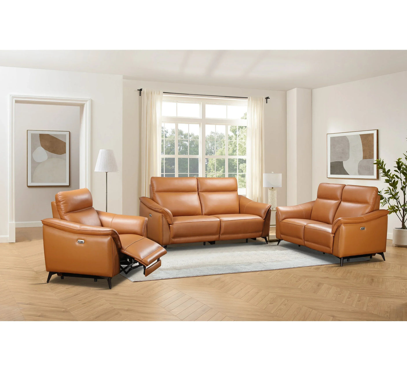 Tan leather recliner sofa set with armchair and loveseat in modern living room
