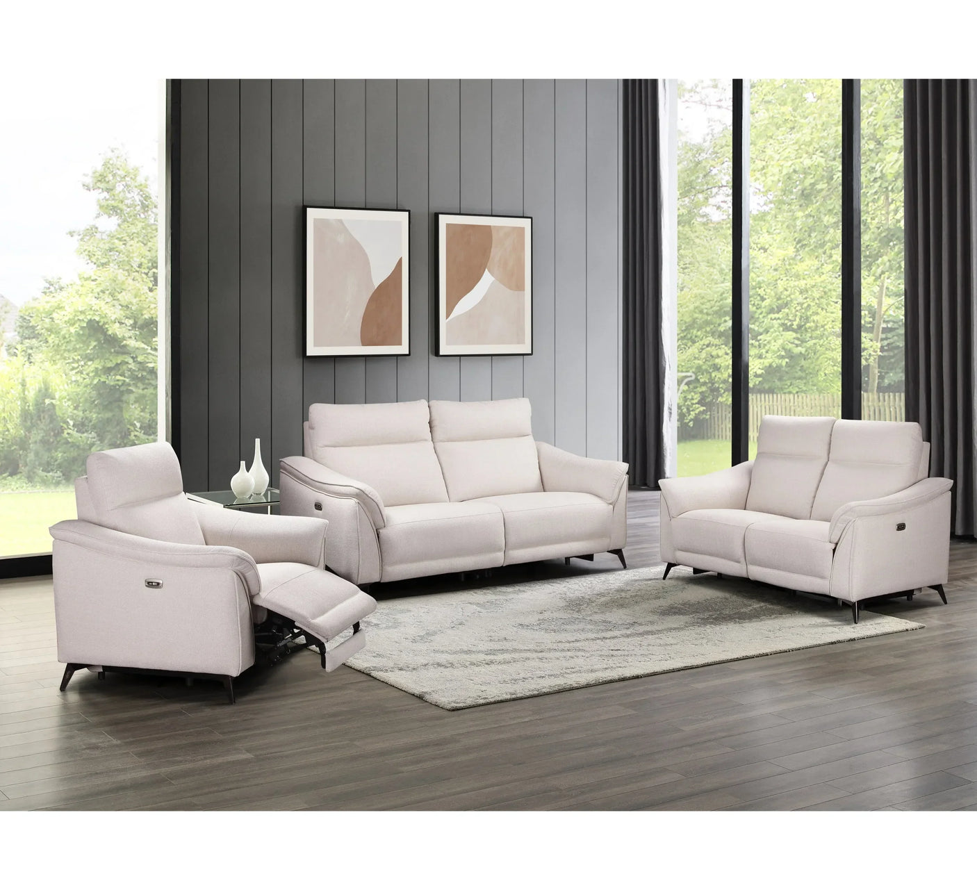 Light grey fabric sofa set with recliner in modern living room, large windows and rug