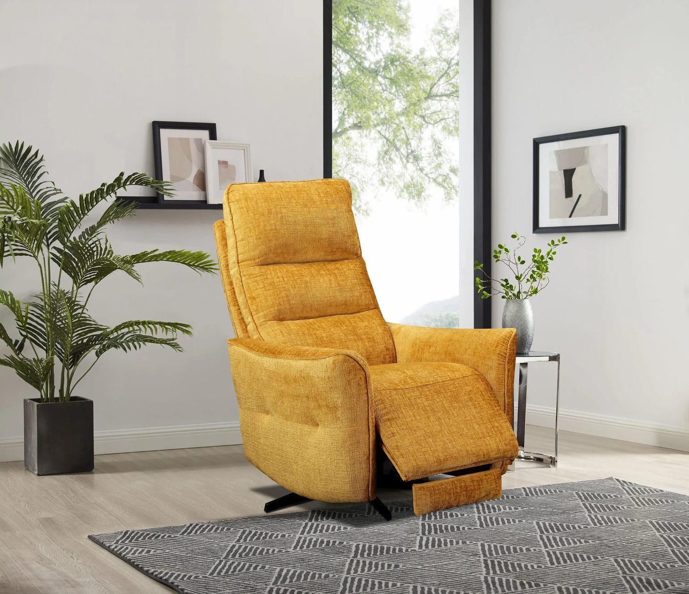Mustard yellow recliner armchair with footrest in modern living room on patterned rug