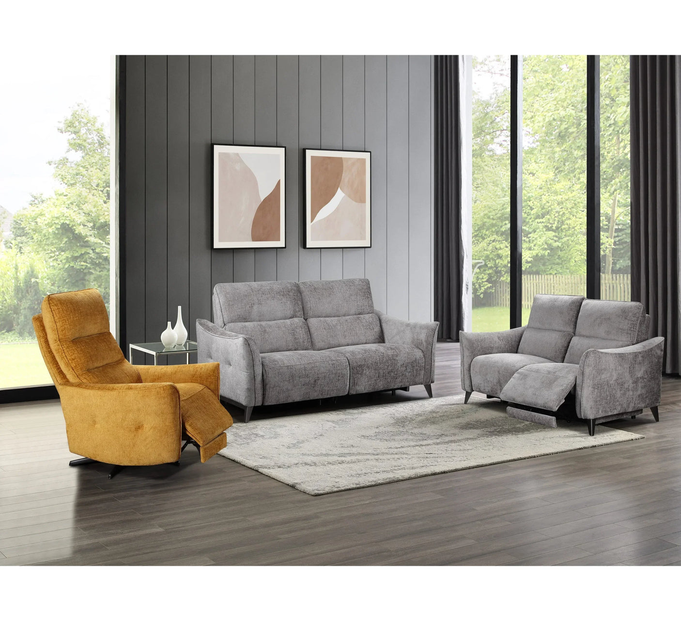 Grey fabric recliner sofa set with mustard armchair in modern living room