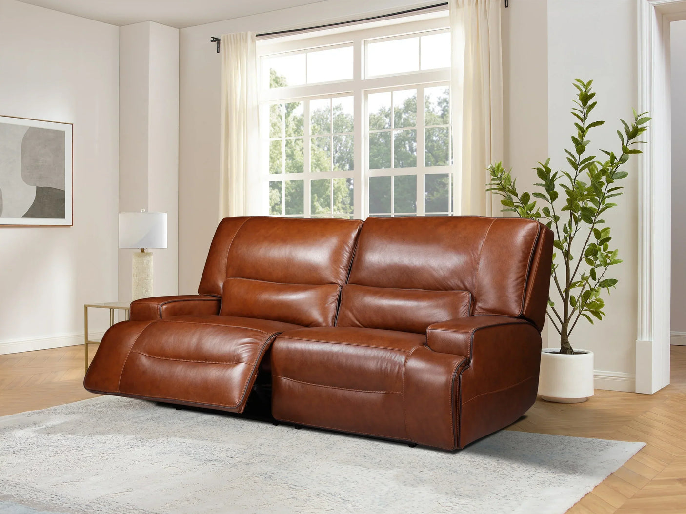 Brown leather recliner sofa with extended leg rest in modern living room