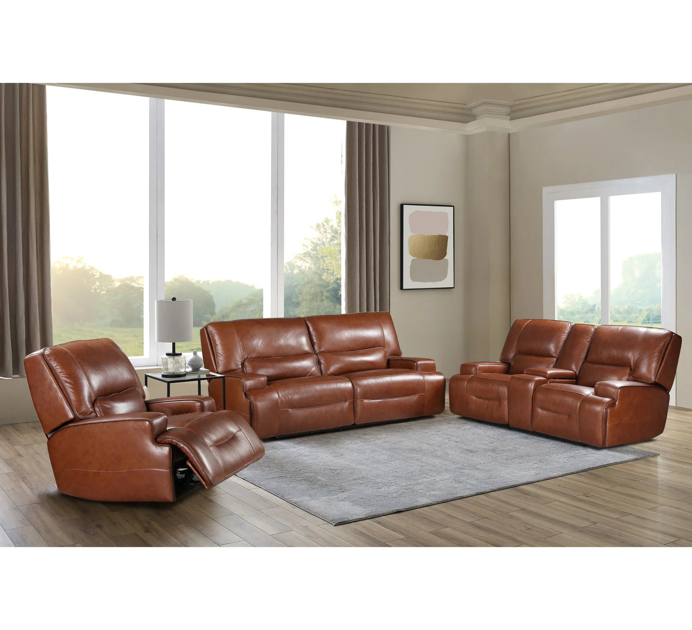 Brown leather recliner sofa set with armchairs and loveseat in bright living room