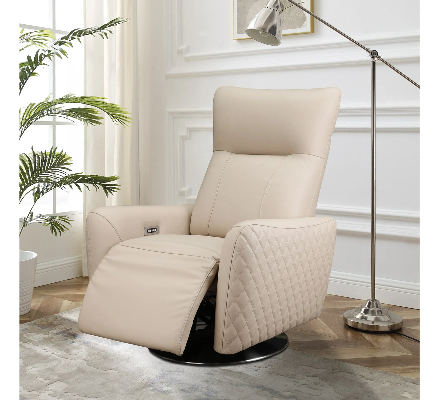Beige leather recliner chair with quilted armrests and footrest in modern living room