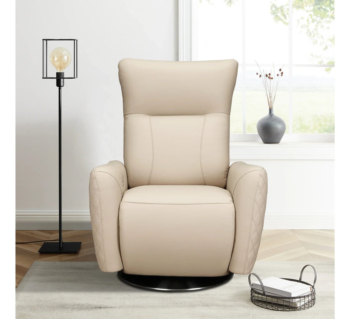 Beige leather recliner chair with high backrest in modern living room setting