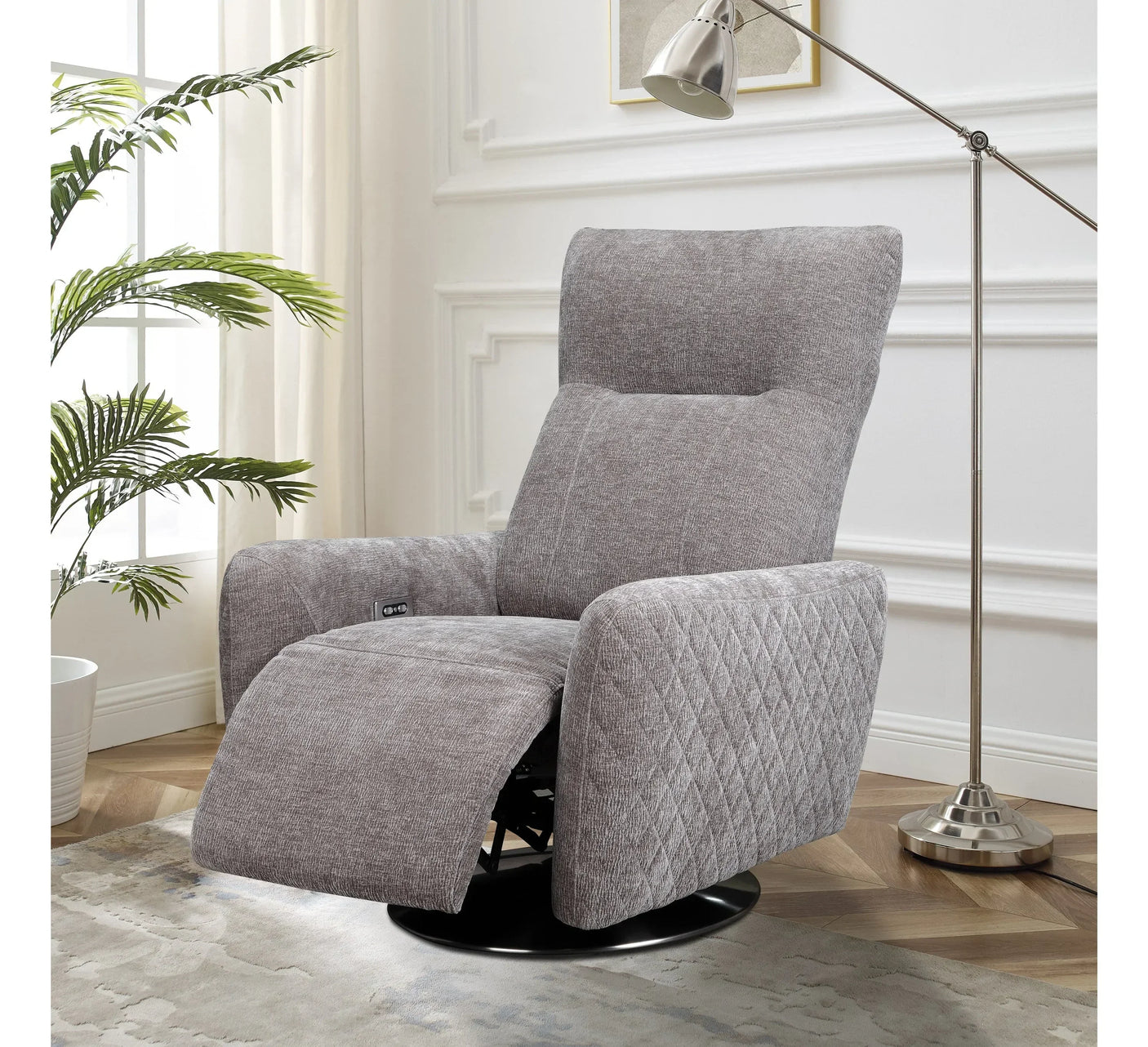 Grey fabric recliner chair with diamond stitching in modern living room setting