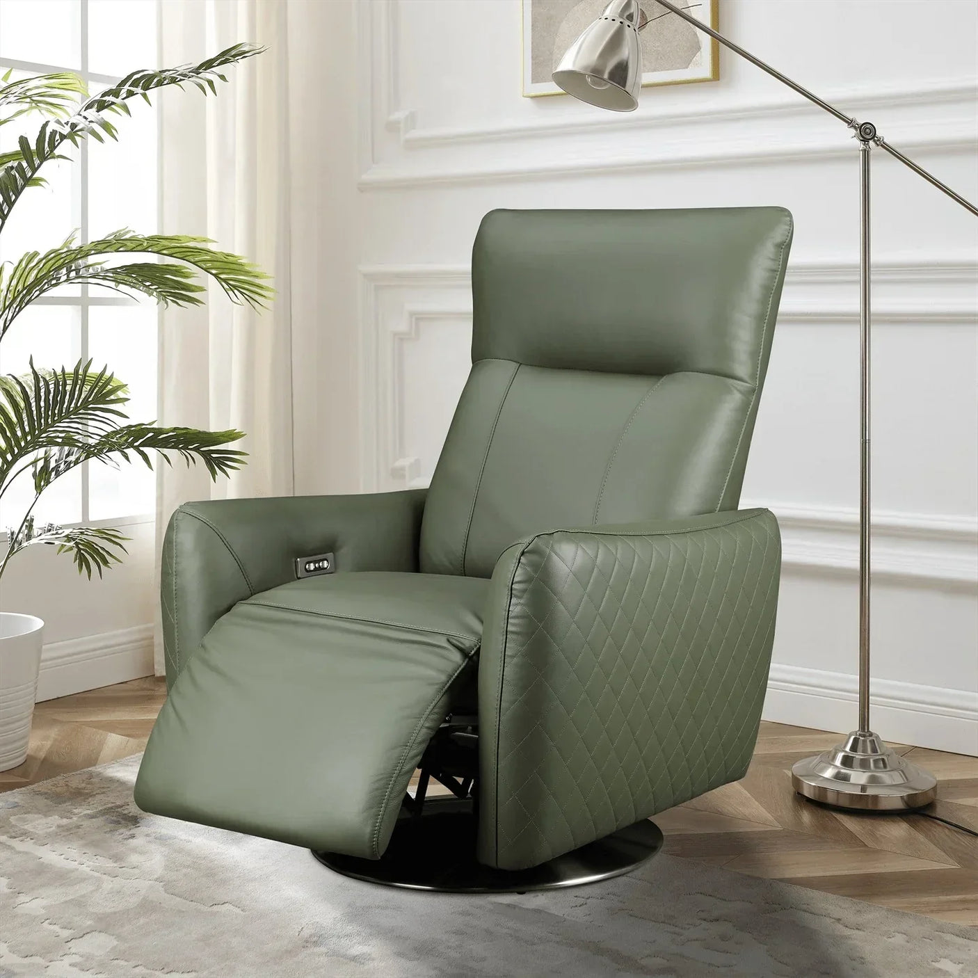 Green leather recliner chair with quilted sides in modern living room setting