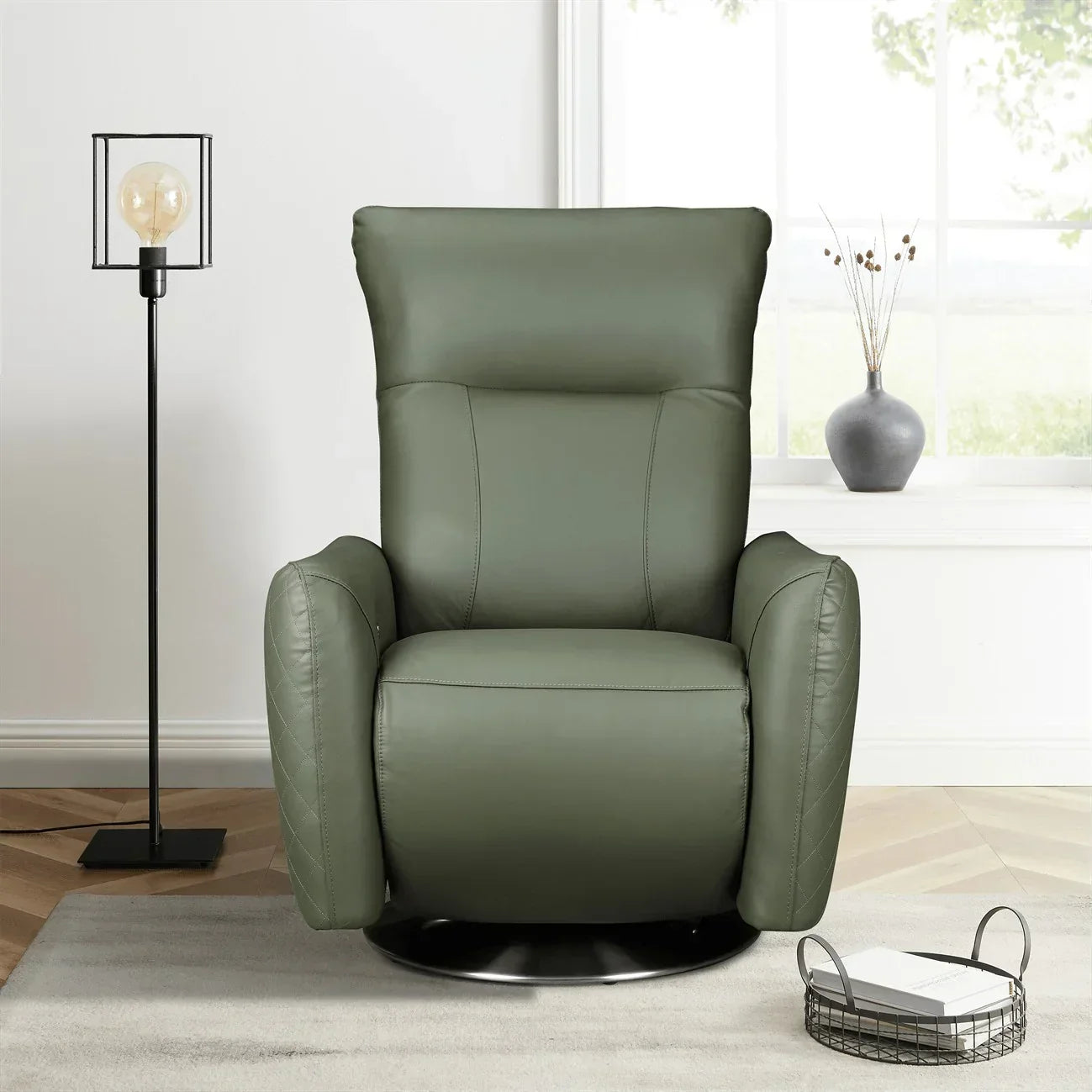 Green leather recliner chair with swivel base in modern living room