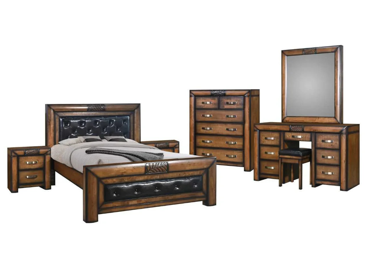 Brown and black bedroom furniture set with bed, nightstands, chest of drawers, and vanity mirror
