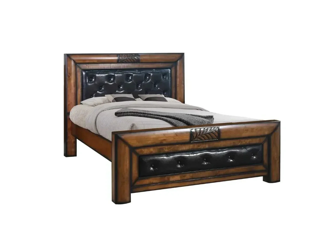 Wooden bed frame with black tufted leather headboard and footboard, bedding included