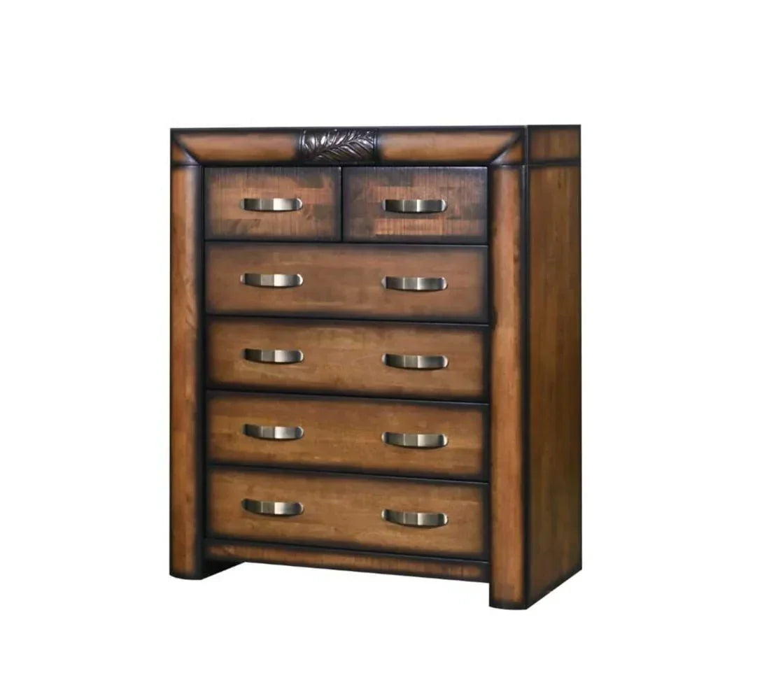 Wooden chest of drawers with metal handles and leaf detail, five large drawers, two small drawers