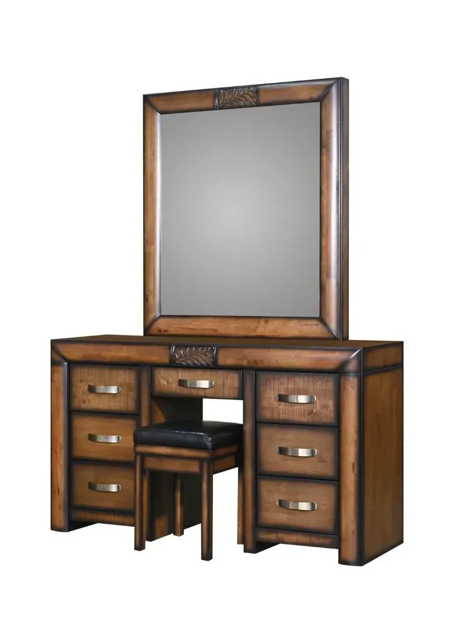 Brown wooden dressing table with large mirror, six drawers and matching cushioned stool