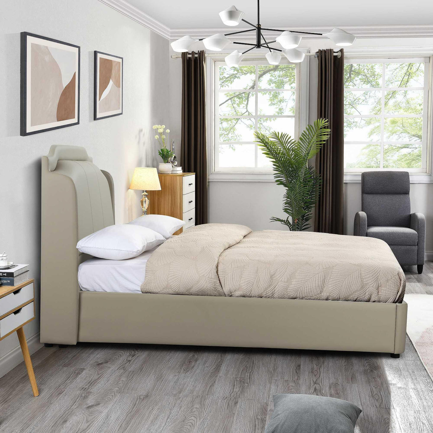 Beige upholstered bed frame with padded headboard in modern bedroom setting