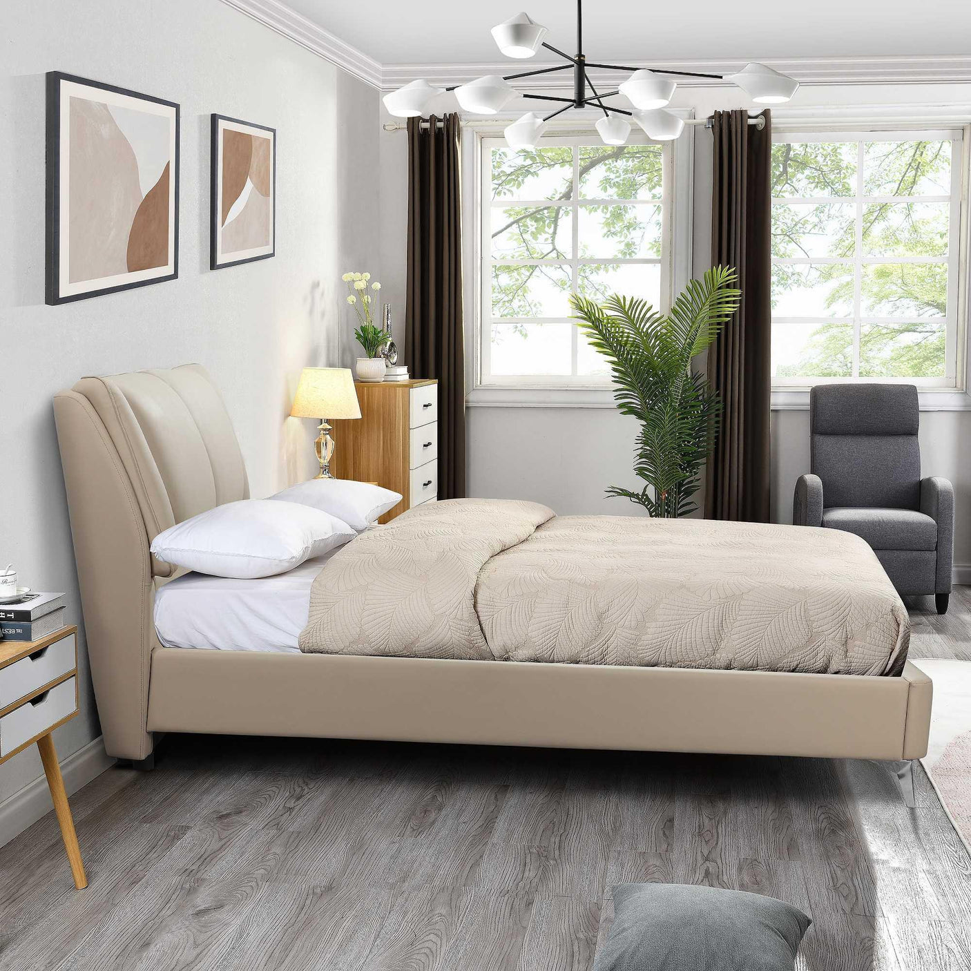 Beige upholstered bed frame with padded headboard in modern bedroom setting