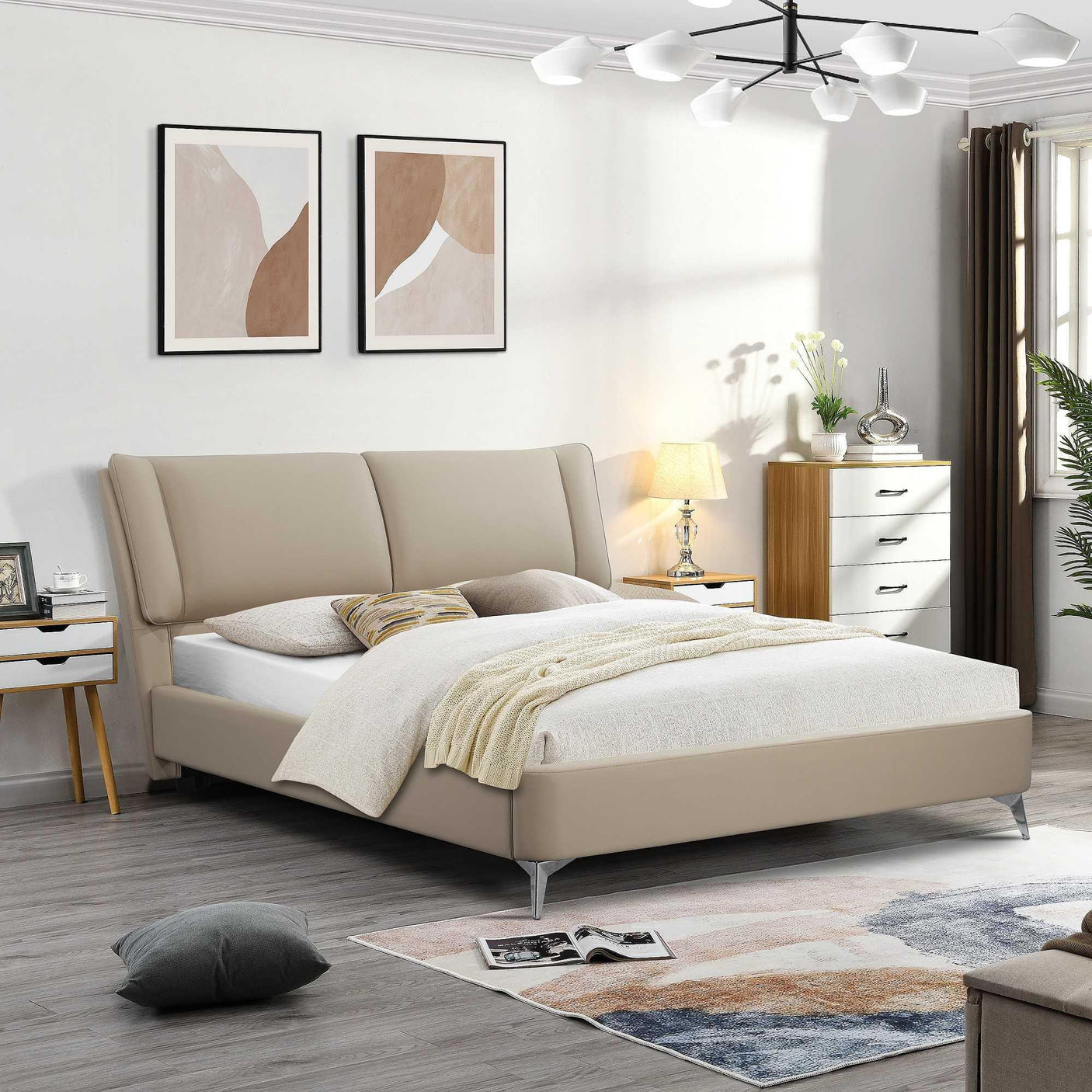 Modern beige upholstered bed with soft headboard in bright bedroom setting