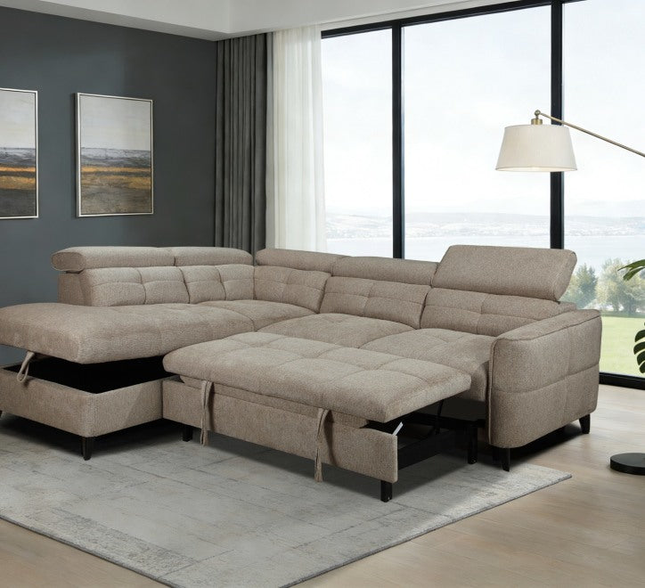 Brown corner sofa with tufted design and adjustable chaise lounge in a modern living room setting
