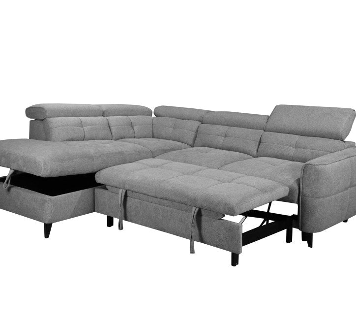 Grey corner sofa with tufted upholstery and adjustable backrest for comfort and style