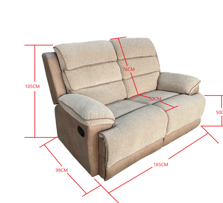 Two-tone fabric loveseat with plush cushions and reclining feature for ultimate comfort