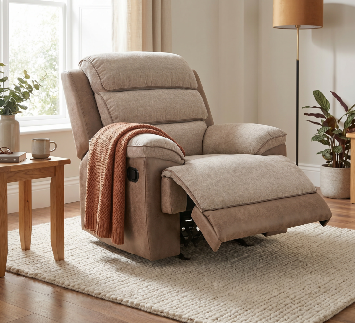 Jessica two-tone fabric 2 seater recliner with a cozy blanket and side table in a bright living room